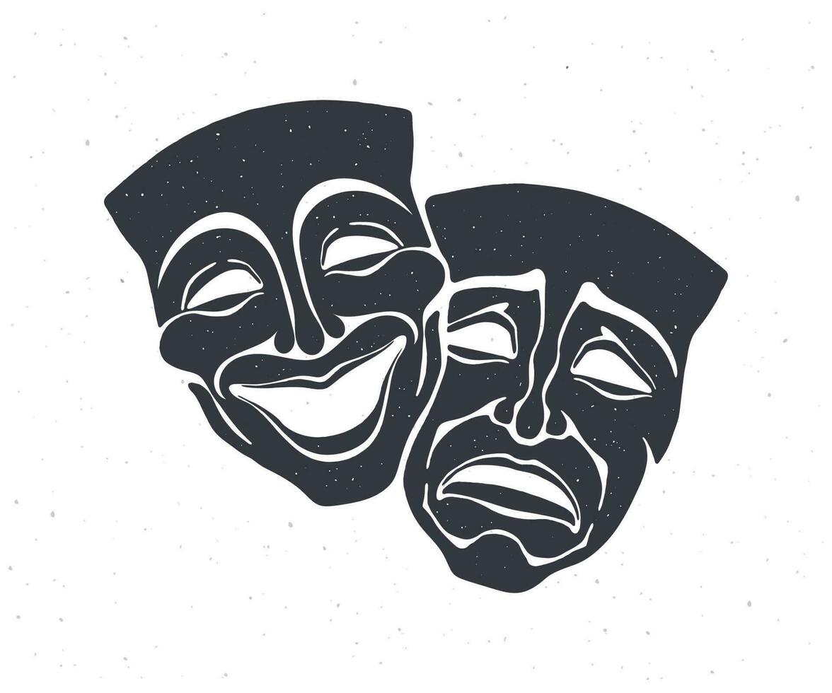 silueta de dos teatral comedia y drama mascarilla. vector ilustración. bipolar trastorno símbolo. positivo y negativo emoción. película y teatro industria. aislado blanco antecedentes