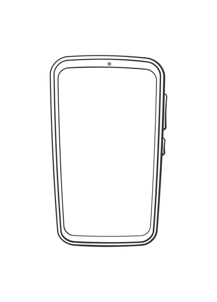 Cartoon smartphone with full touchscreen off. Outline. Vector illustration. Modern smart mobile phone. Digital communication gadget. Hand drawn sketch. Isolated white background