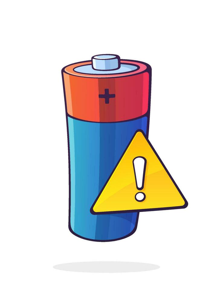 Alkaline electric battery with yellow warning sign and exclamation mark inside. Low accumulator warning. Cartoon vector illustration with outline. Clip art isolated on white background