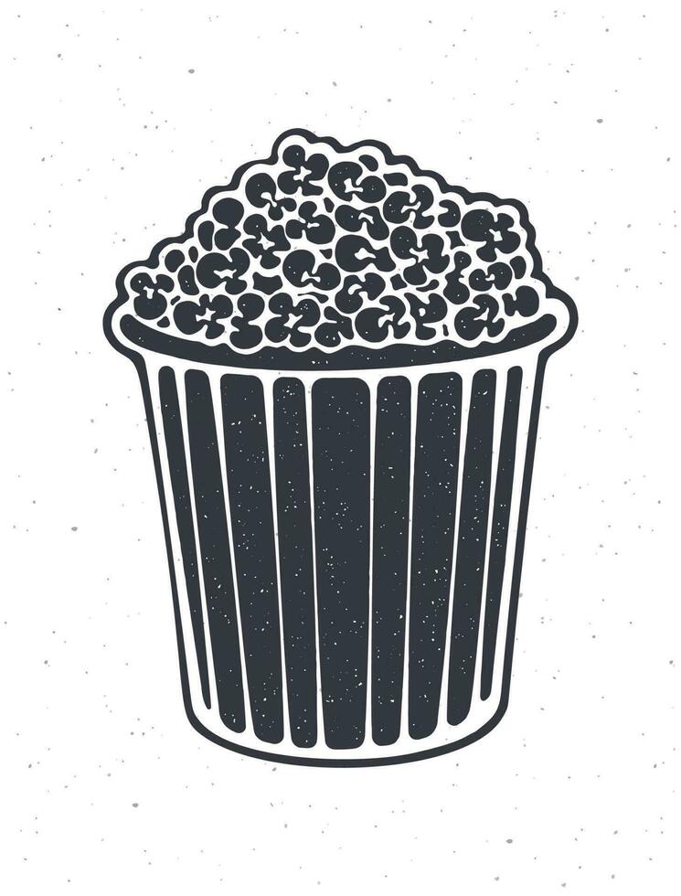 Silhouette of bucket full of popcorn. Vector illustration. Striped paper cup with junk snack. Symbol of film industry and fast food. Clipart for menus, showcases, posters. Isolated white background