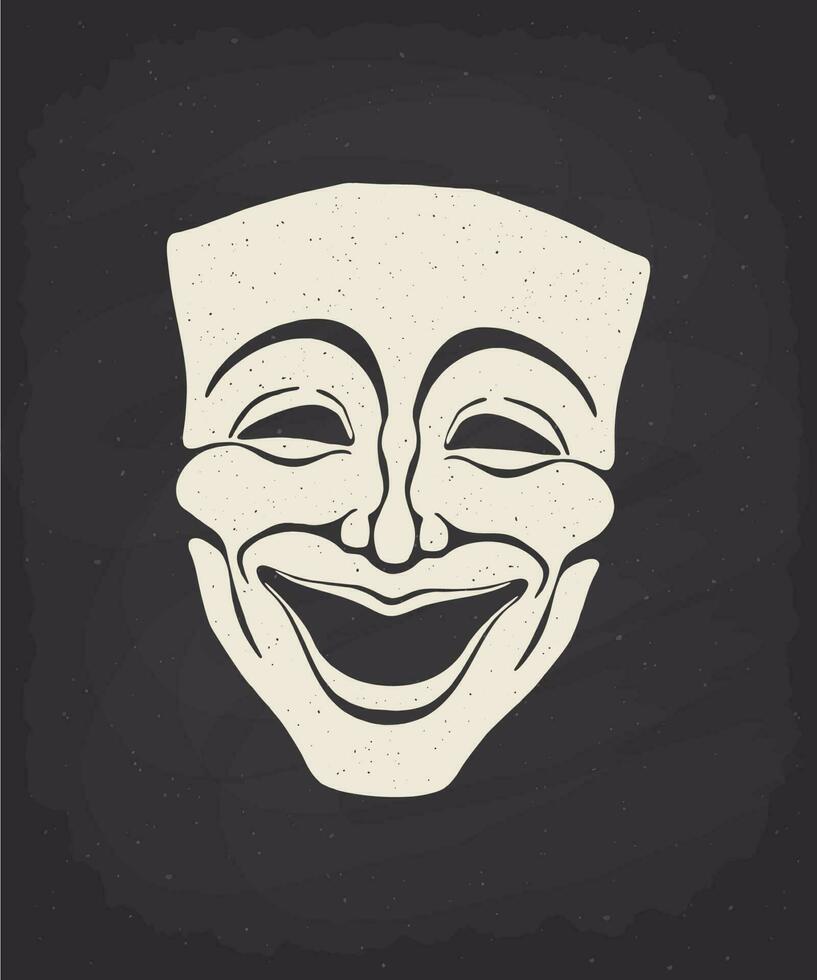 Silhouette of theatrical comedy mask on chalk board. Vector illustration. Vintage opera mask for happy actor. Face expresses positive emotion. Film and theatre industry. Isolated black background