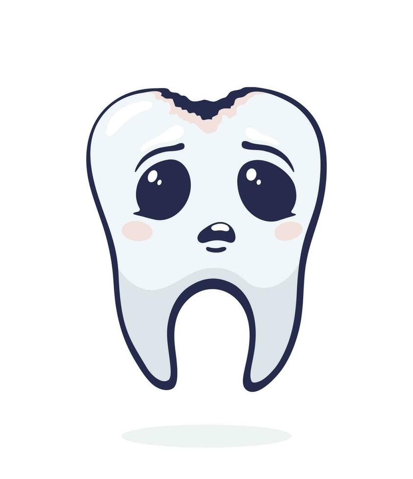 Vector illustration. Cute unhealthy human tooth with sad eyes and caries. Dental decay. Symbol of somatology and oral hygiene.