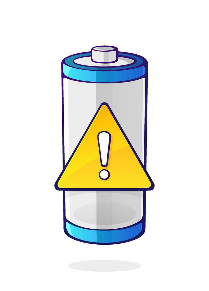 Vector illustration. Warning energy status of electrical device accumulator. Empty charge level battery indicator with yellow warning sign. Cartoon clip art isolated on white background