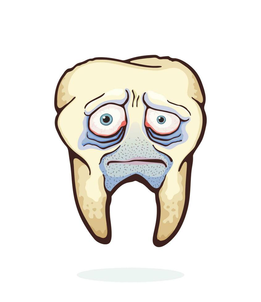 Vector illustration. Old unhealthy sad human tooth with caries red eyes and bristles. Symbol of somatology and oral hygiene