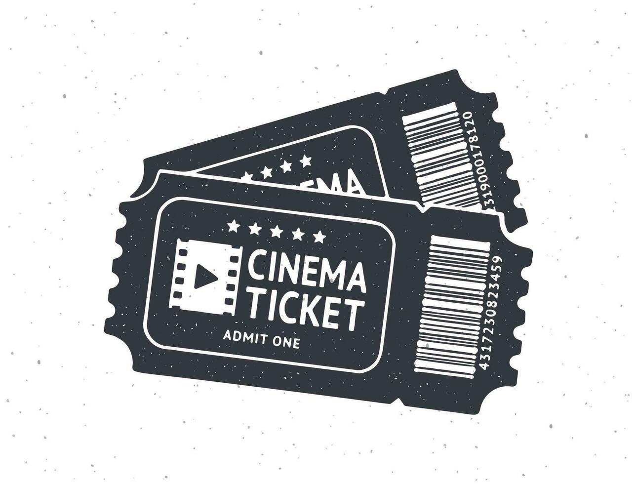 Silhouette of two cinema ticket with barcode. Vector illustration. Pair paper retro coupon for movie entry. Film industry symbol. Pattern for signboards, showcases, posters. Isolated white background