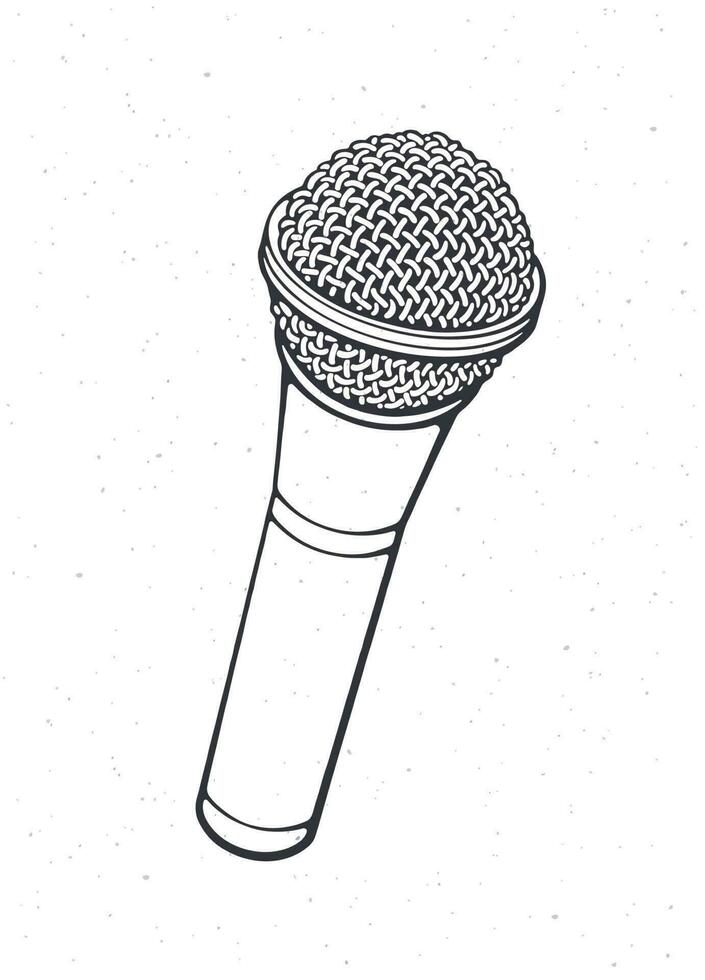 Modern microphone for voice, music, sound, speak, radio recording. Outline. Vector illustration. Pop, disco, jazz, blues, rock equipment. Hand drawn sketch. Isolated white background