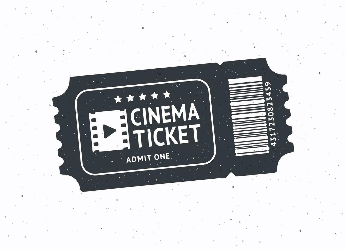 Silhouette of one cinema ticket with barcode. Vector illustration. Paper retro coupon for movie entry. Film industry symbol. Pattern for signboards, showcases, posters. Isolated white background