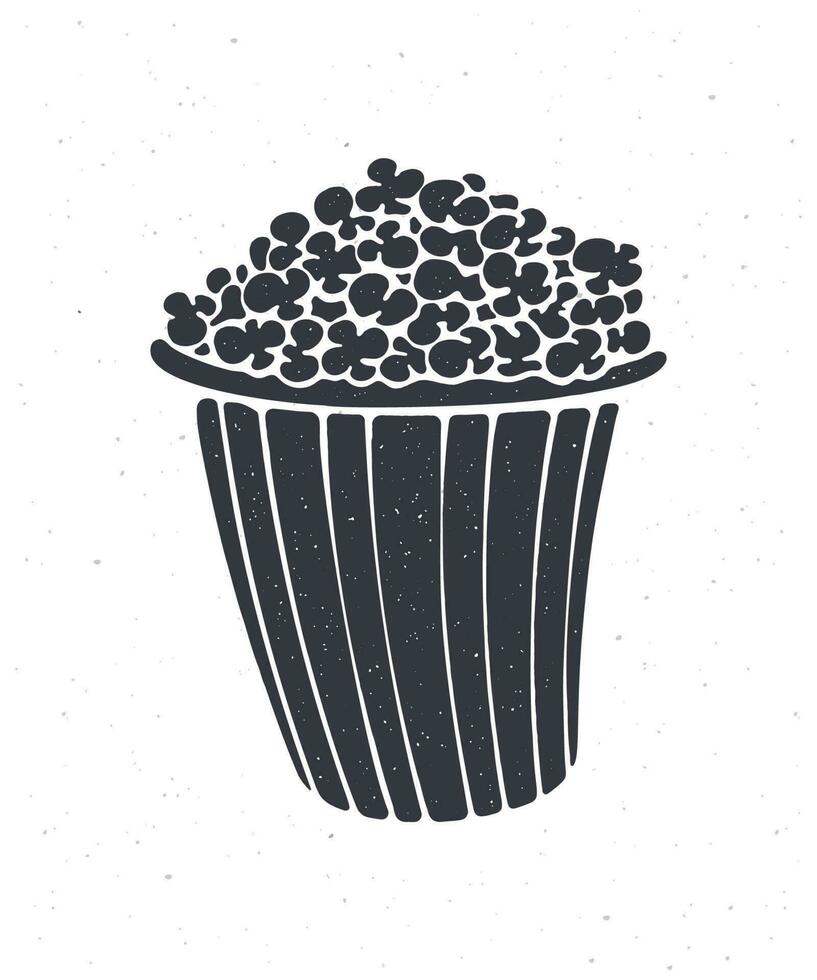 Silhouette of bucket full of popcorn. Vector illustration. Clipart for menus, signboards. Striped paper cup with junk snack. Symbol of the film industry and fast food. Isolated white background