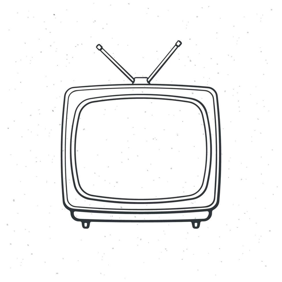 Analogue retro TV with antenna and plastic body. Outline. Vector illustration. Television box for news and show translation. Hand drawn sketch. Isolated white background