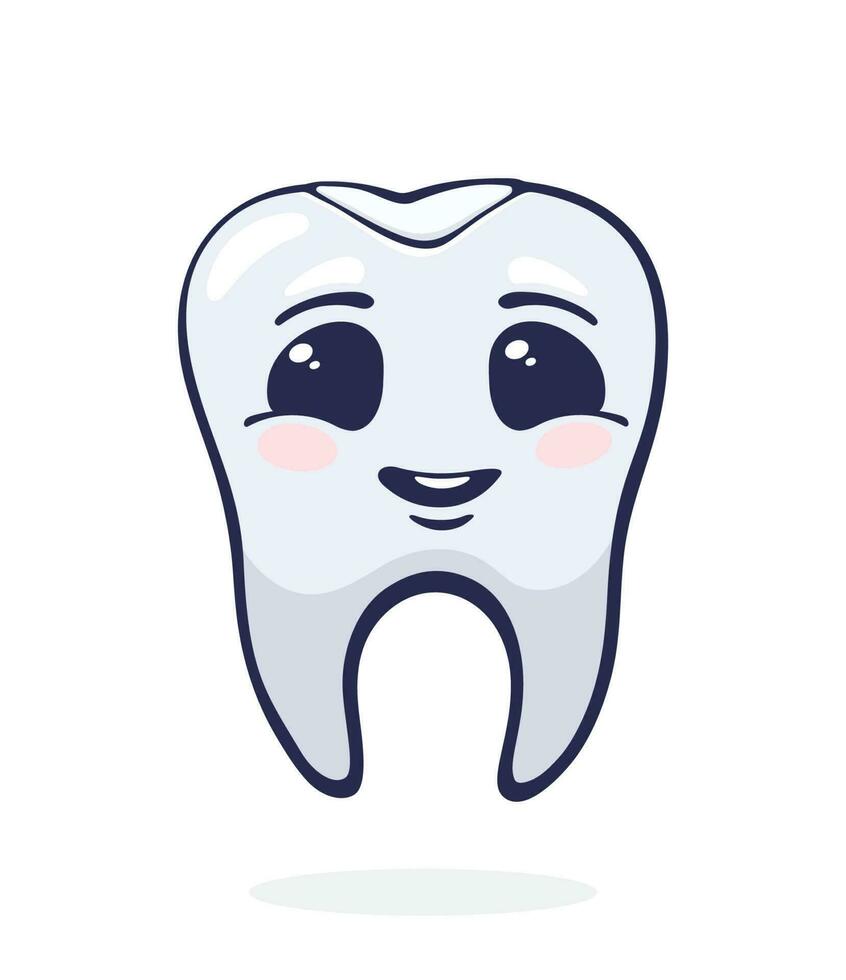 Vector illustration. Cute cured human tooth with happy eyes and dental filling. Dental restoration from caries. Symbol of somatology and oral hygiene.