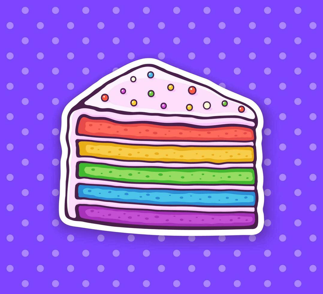 Sticker a piece of rainbow cake with glaze cream and colored sugar dragees vector