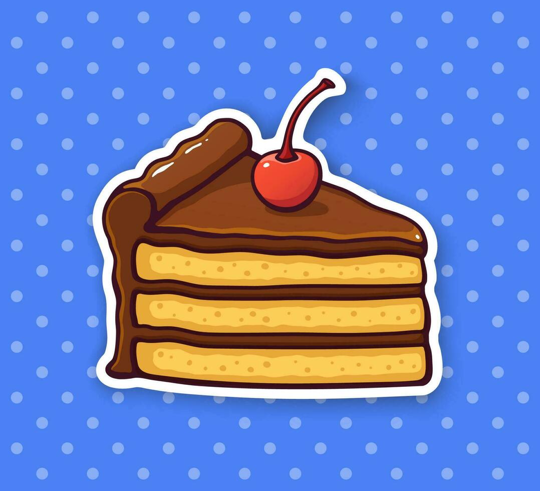 Sticker a piece of cake with chocolate cream and cherry vector