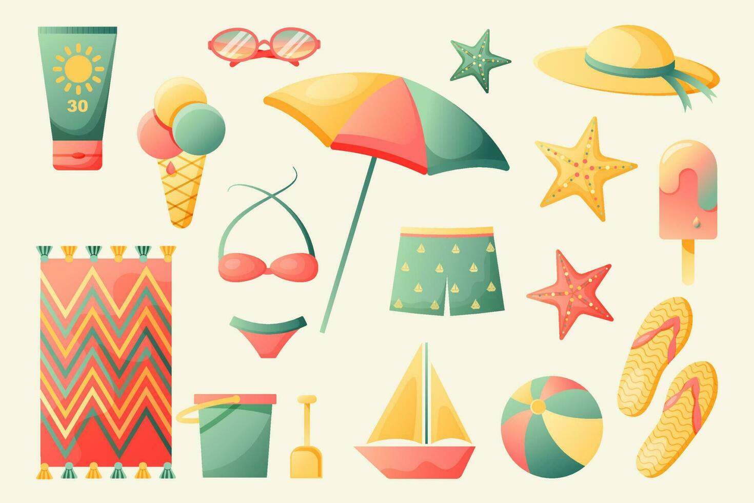 Beach items collection. Summer stuff set. Vector illustration.