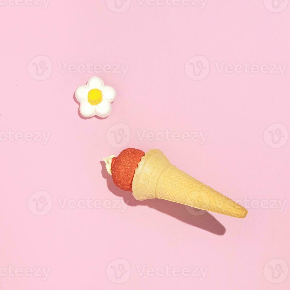 Ice cream concept, strawberry flavor idea, minimal summer fruit layout, candy pink background. photo