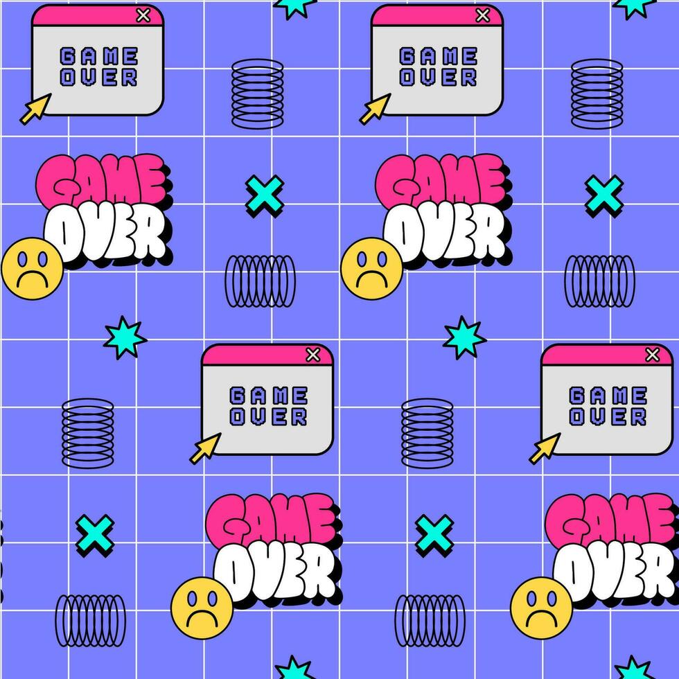 Old PC Game Over nostalgia seamless pattern on purple background. Trendy 80s-00s repeat vector backdrop illustration.