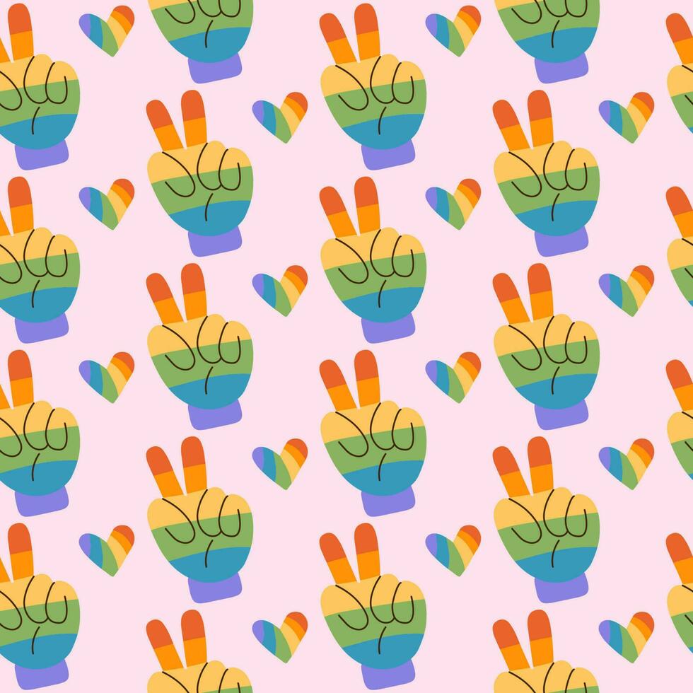 Pride Month seamless pattern with peace had gesture in LGBTQ flag color. Colorful 70s style vector repeat for fabric, textile, wrapping paper, wallpaper and other print and design.