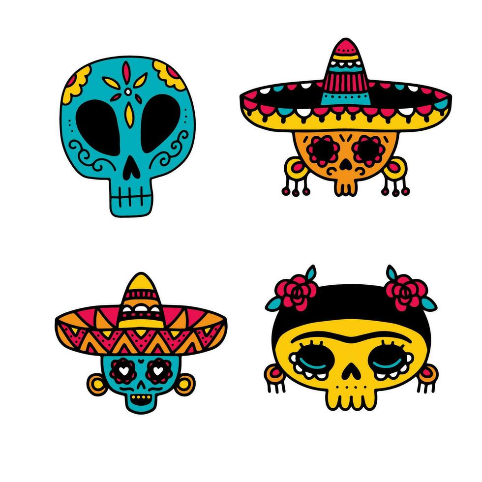 Dia de los muertos sugar skull set. Male skull wearing sombrero, female with roses. Day of the dead Mexico colorfil doodle icons illustration. Vector eps10