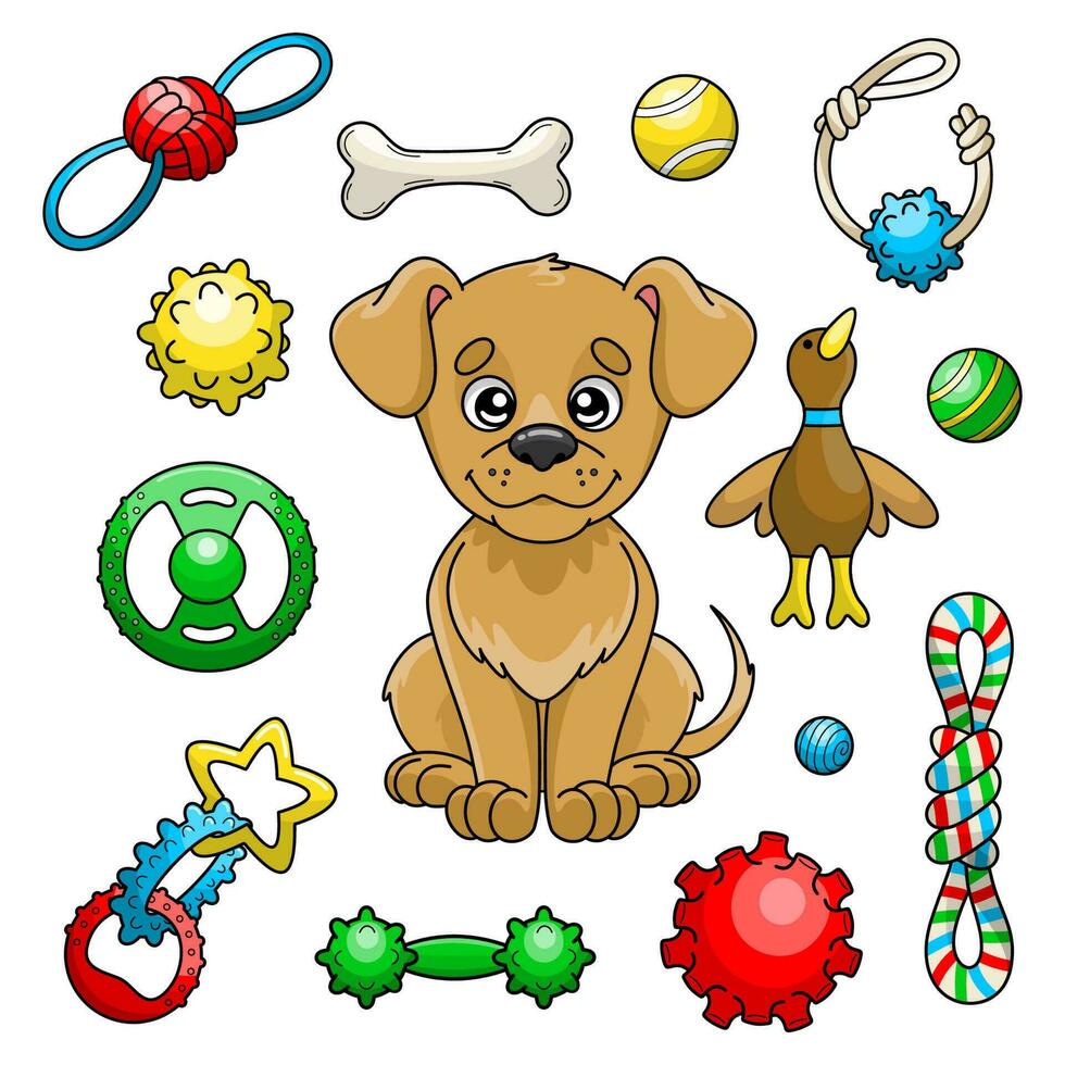 conjunto vistoso de dibujos animados perro y juguetes para mascota tienda vector