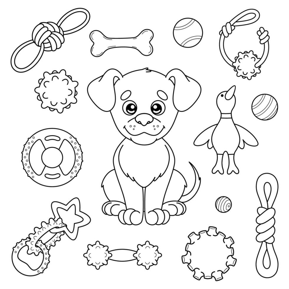 conjunto contorno de dibujos animados perro y juguetes para mascota tienda vector