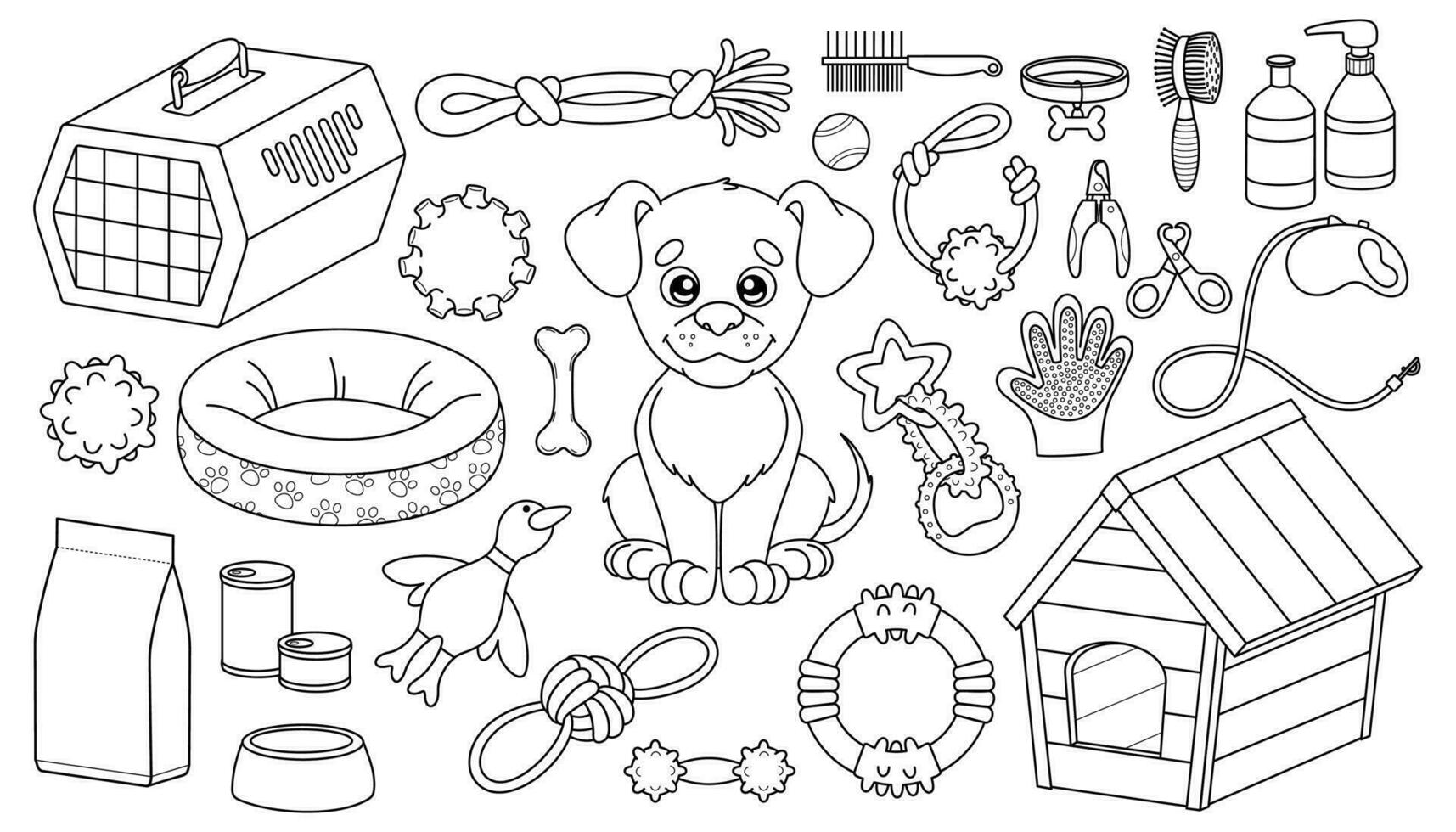 conjunto contorno de dibujos animados perro y bienes para mascota tienda vector