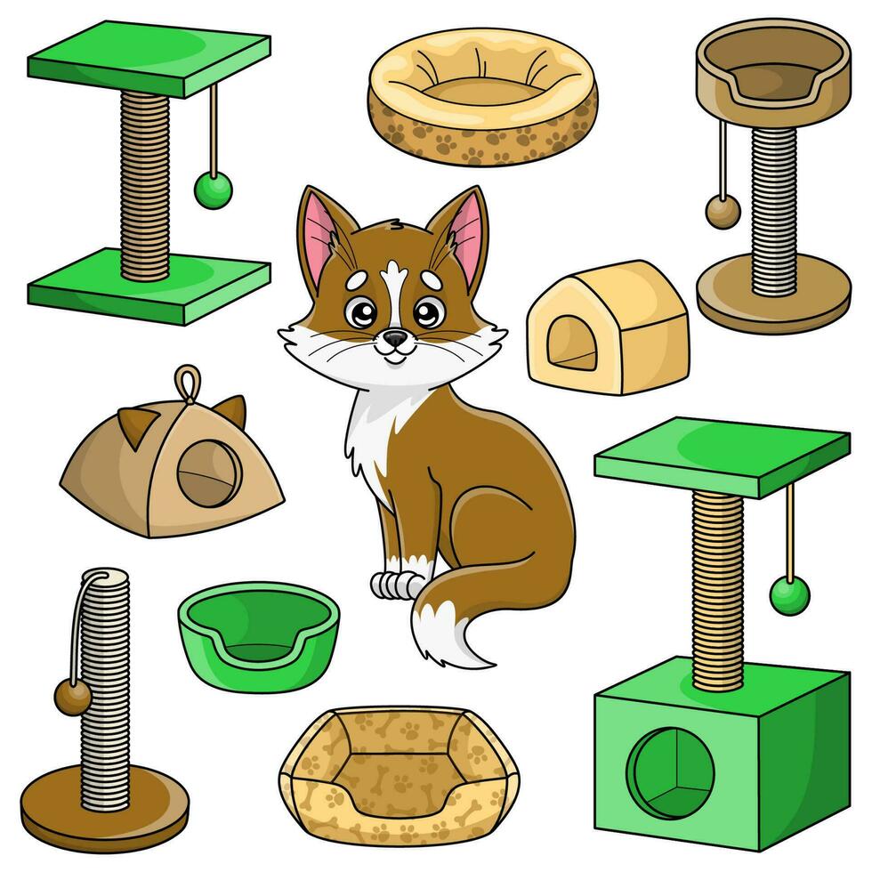 Set colorful cartoon kitten and cat scratchers vector