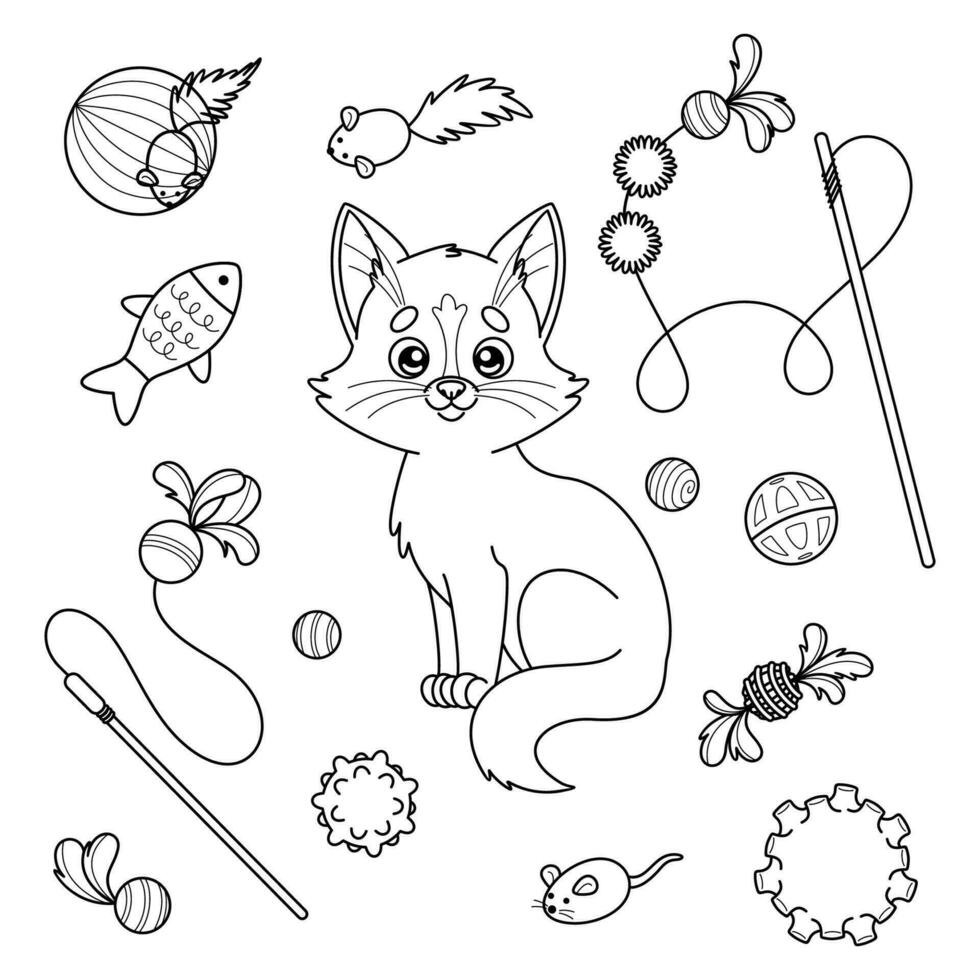 conjunto contorno de dibujos animados gato y juguetes para mascota tienda vector