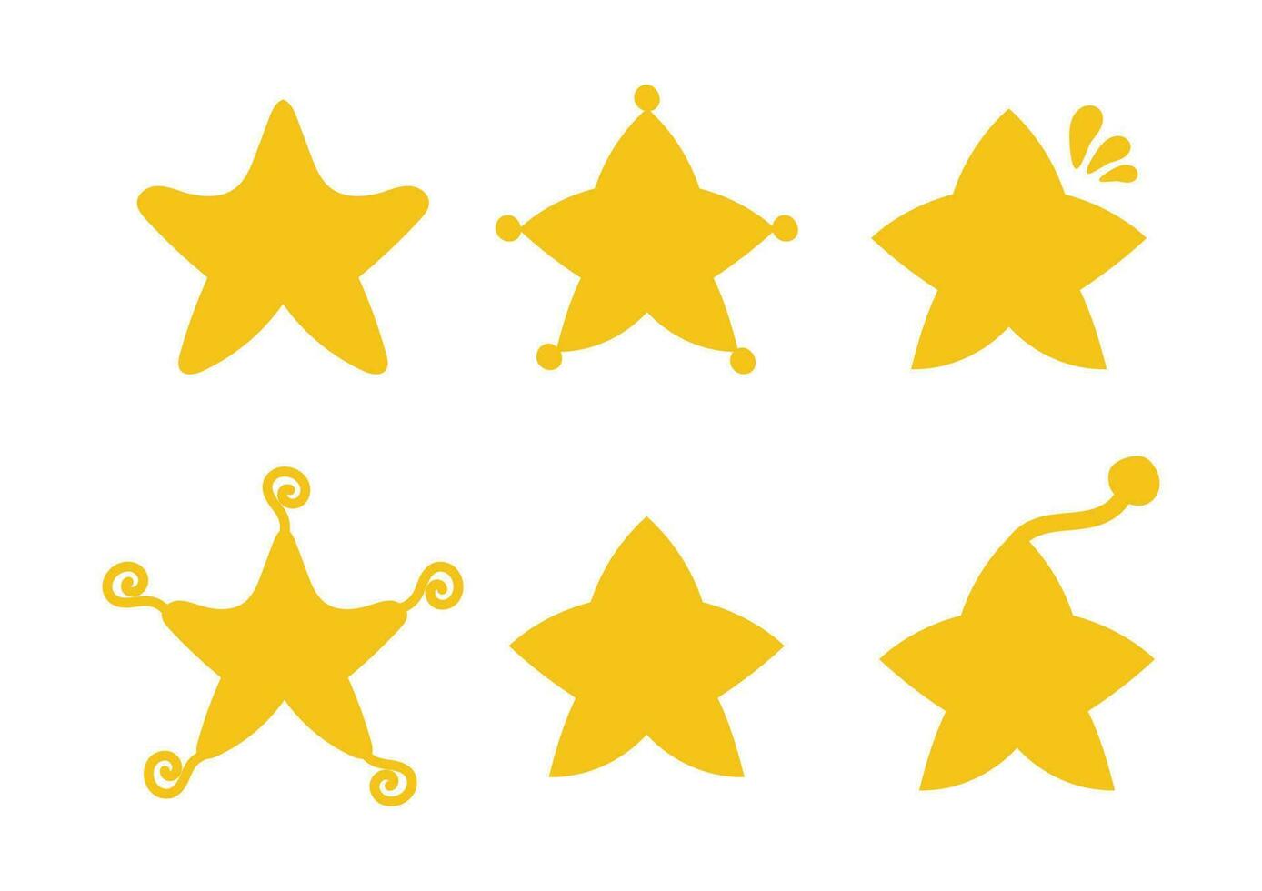Set of different cute doodles of a yellow star on white background. Hand-drawn style. Cartoon character. vector
