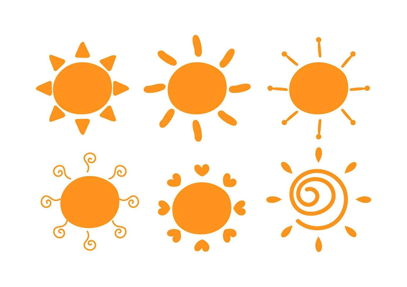 Set of different cute doodles of an orange sun on white background. Hand-drawn style. Summer and hot weather. Cartoon character. vector