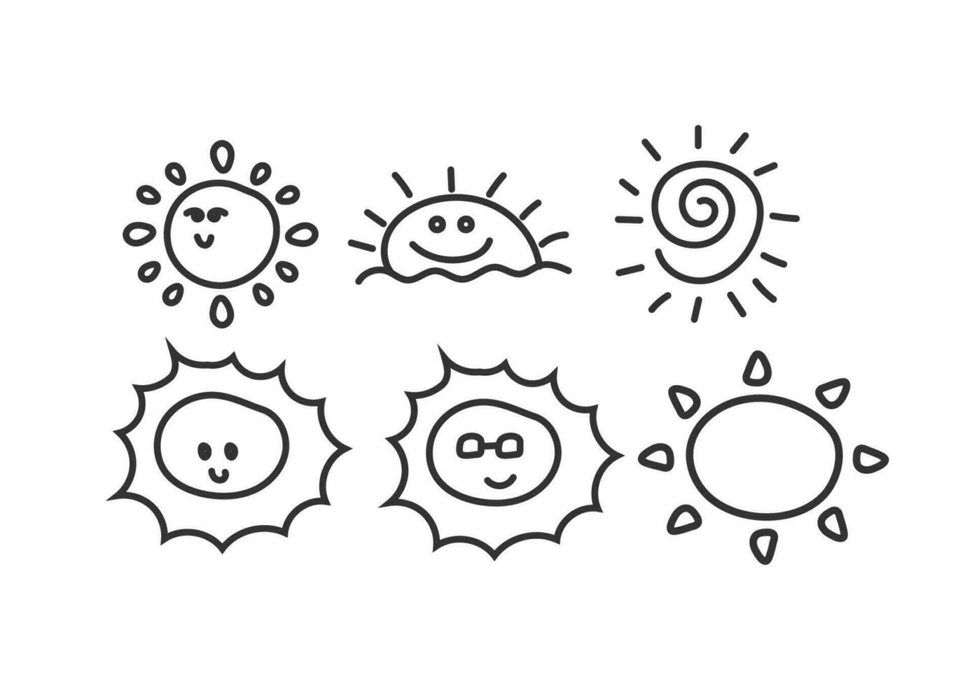 Set of different cute doodles of  sun on white background. Hand-drawn style. Summer and hot weather. Cartoon character. vector
