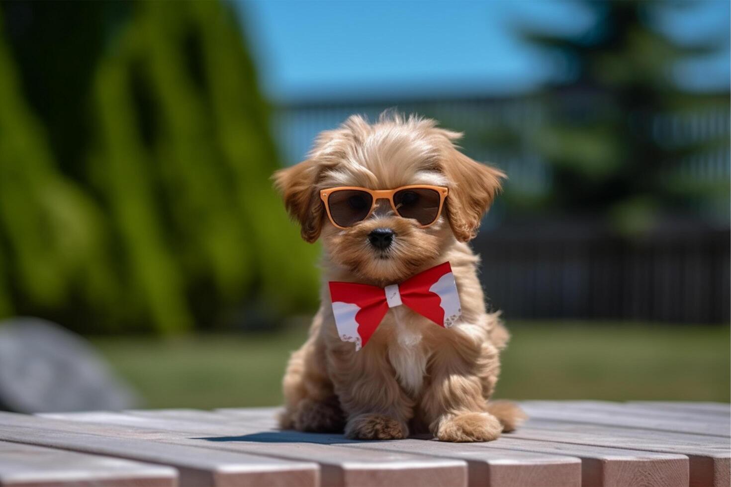 Brussels griffon puppy with a red bow tie on the neck, photo