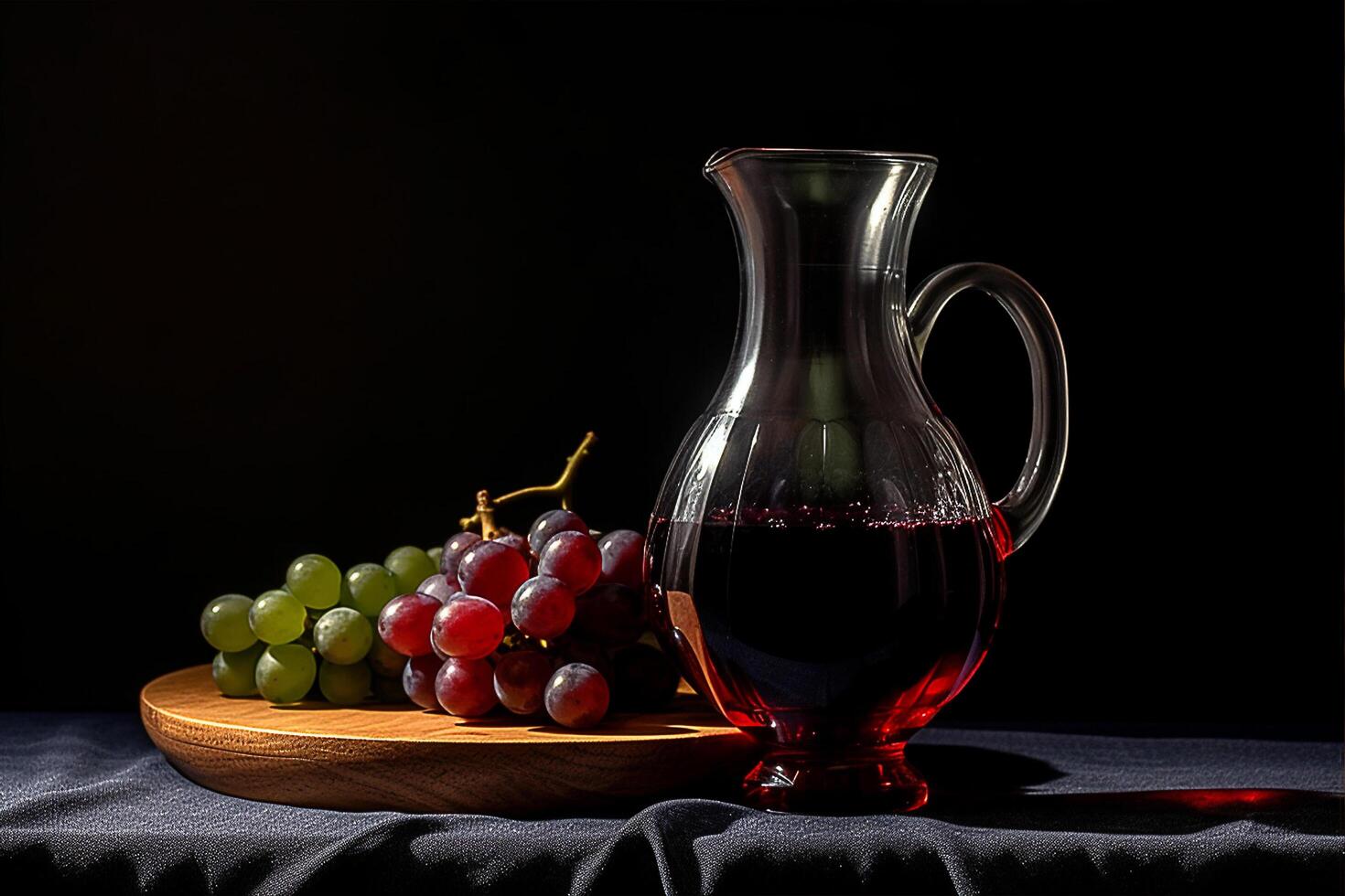 lado ver de jarra con rojo vino y uva en oscuro, ai generativo foto