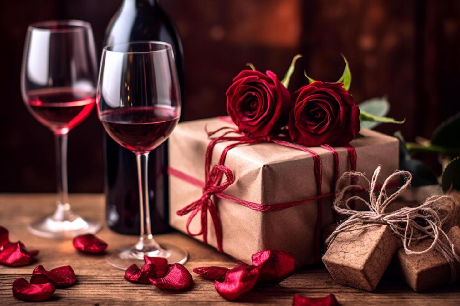 Gifts in boxs, champagne and red rose close-up, photo