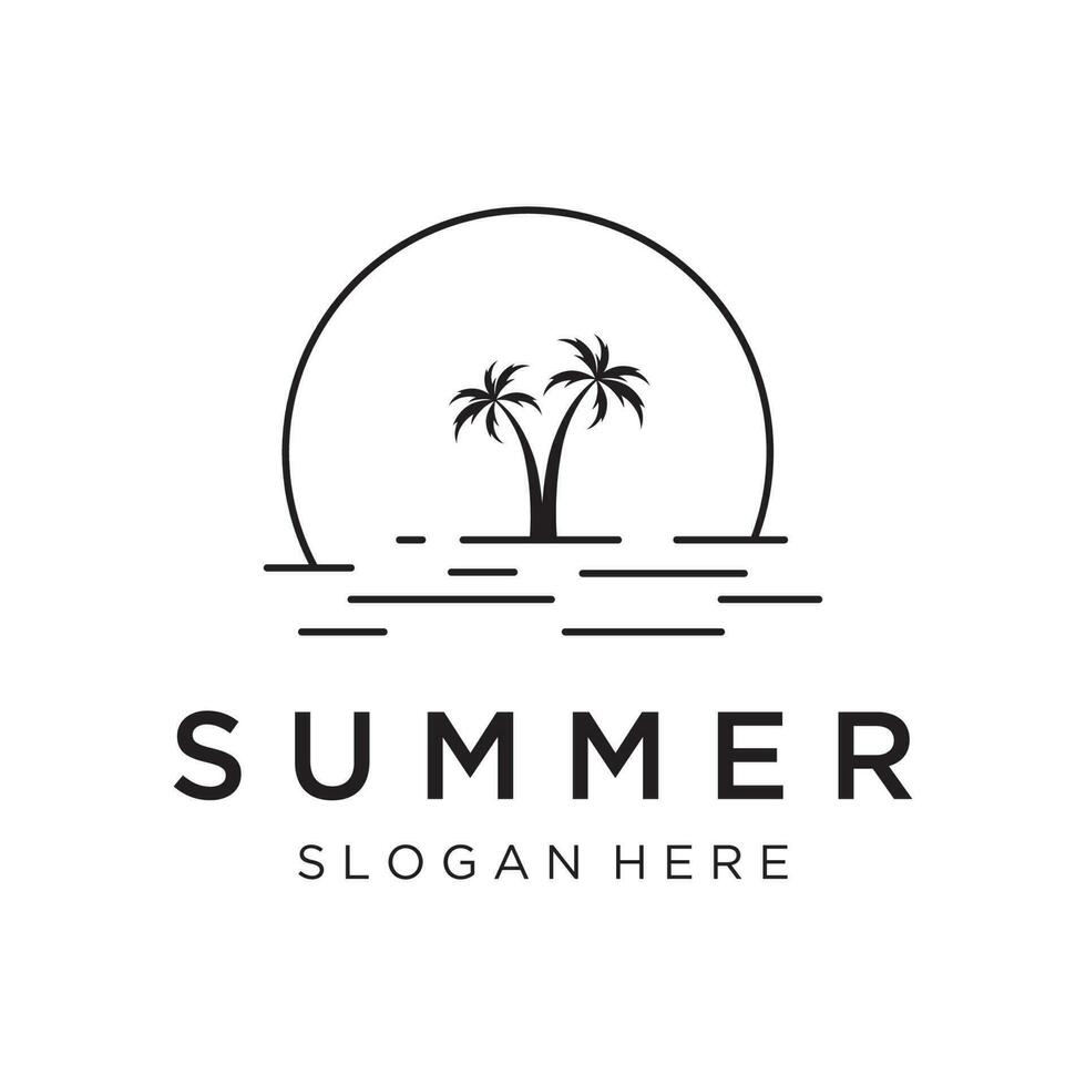 Beach summer vacation creative logo template with waves, palm trees and surf board symbols in retro style.Emblem,label, poster,badge. vector