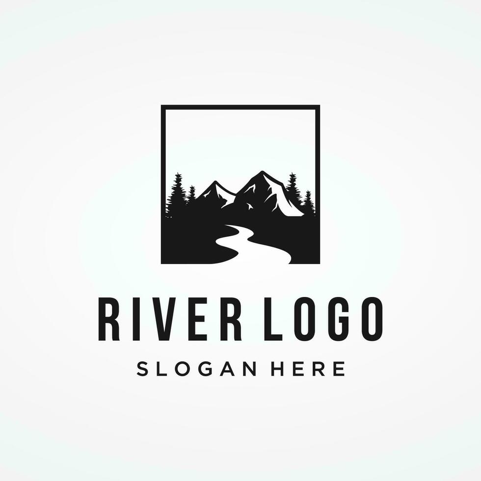 Logos of rivers, creeks, riverbanks and streams. River logo with combination of mountains and farmland with concept design vector illustration template.