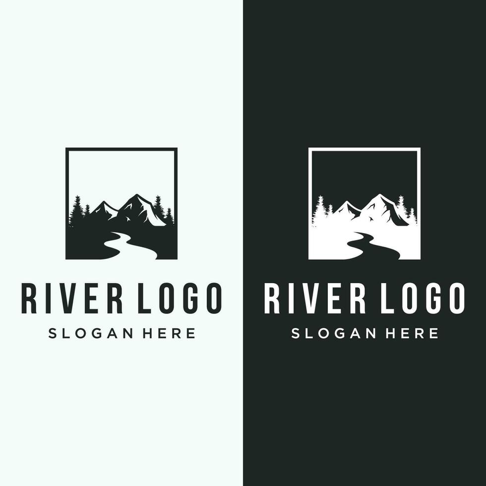 Logos of rivers, creeks, riverbanks and streams. River logo with combination of mountains and farmland with concept design vector illustration template.