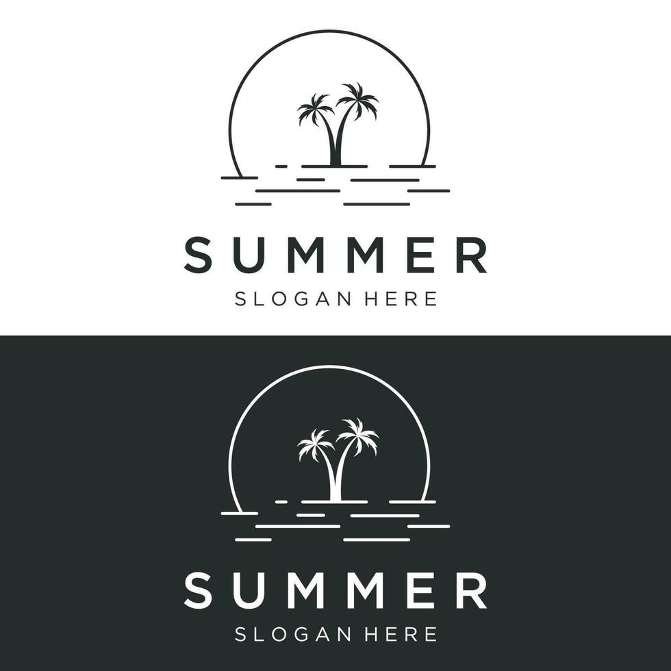 Beach summer vacation creative logo template with waves, palm trees and surf board symbols in retro style.Emblem,label, poster,badge. vector