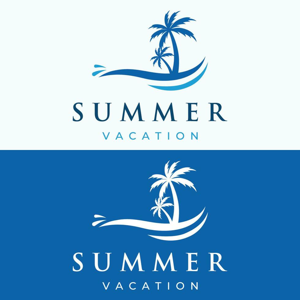 Beach summer vacation creative logo template with waves, palm trees and surf board symbols in retro style.Emblem,label, poster,badge. vector