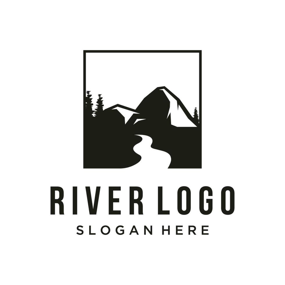 Logos of rivers, creeks, riverbanks and streams. River logo with combination of mountains and farmland with concept design vector illustration template.