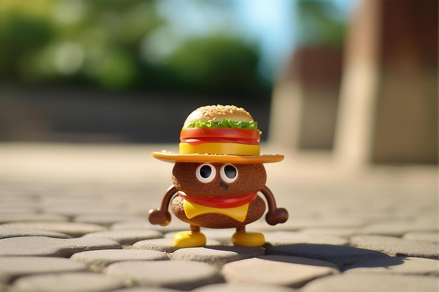 Funny burger with big eyes standing, photo
