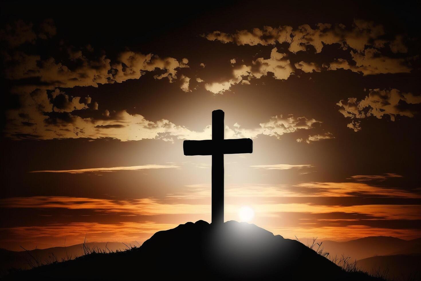 Silhouette of crucifix cross at sunset time with holy, photo