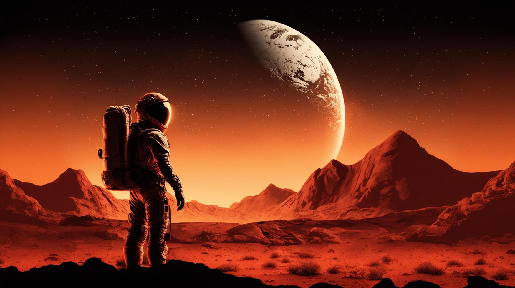 astronauta con rojo suciedad en de marte superficie, ai generativo foto
