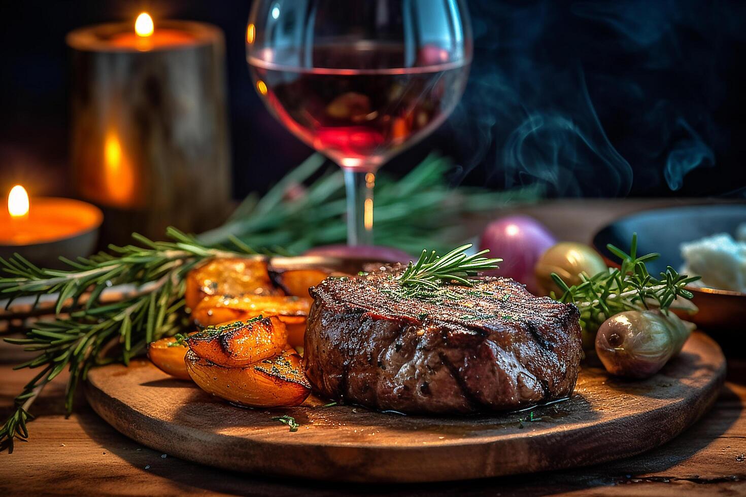 grilled steak and a bottle of wine a glass, photo