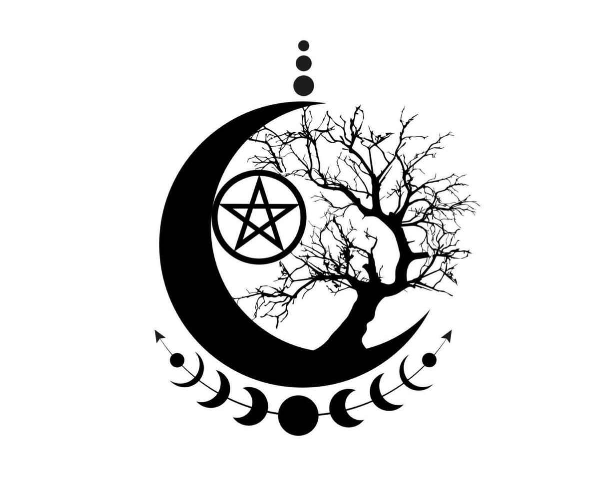 Mystical Moon Phases, tree of life and Wicca pentacle. Sacred geometry. Logo,Triple moon, half moon pagan Wiccan goddess symbol, energy circle, boho style vector isolated on white background