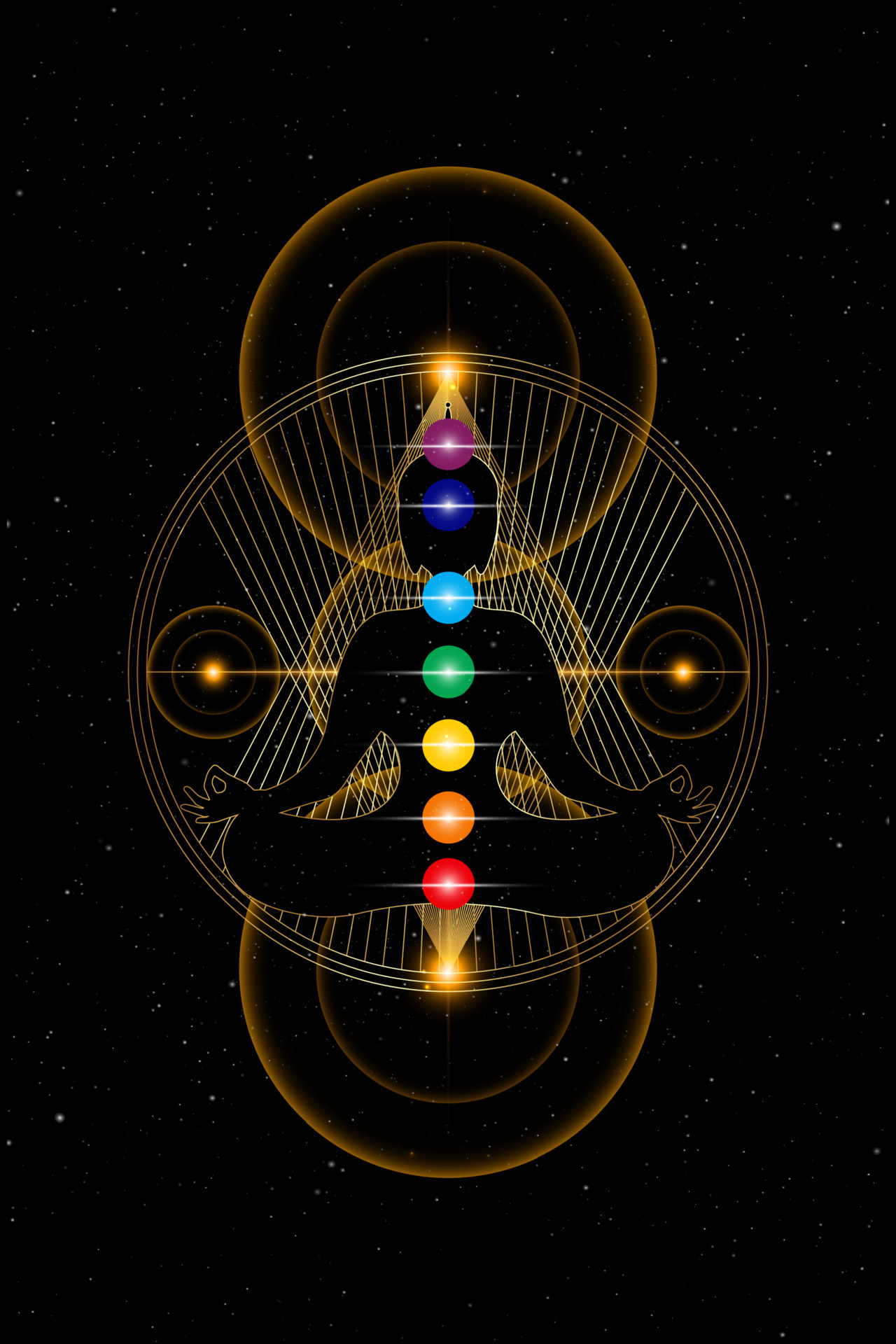Buddha over gold Sacred Geometry with colorful chakras. Seven chakras, energy body and Yogi