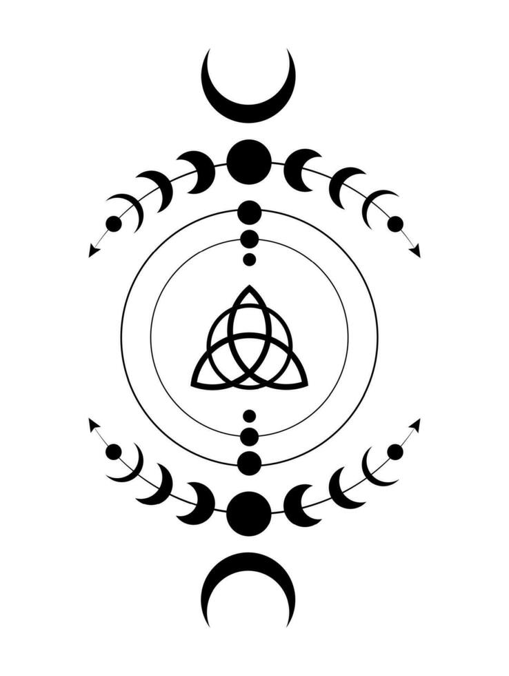 Mystical Moon Phases  Wicca frame border. Triquetra Sacred geometry. Logo, Wiccan triple goddess symbol, energy circle, black tattoo boho style vector isolated on white background