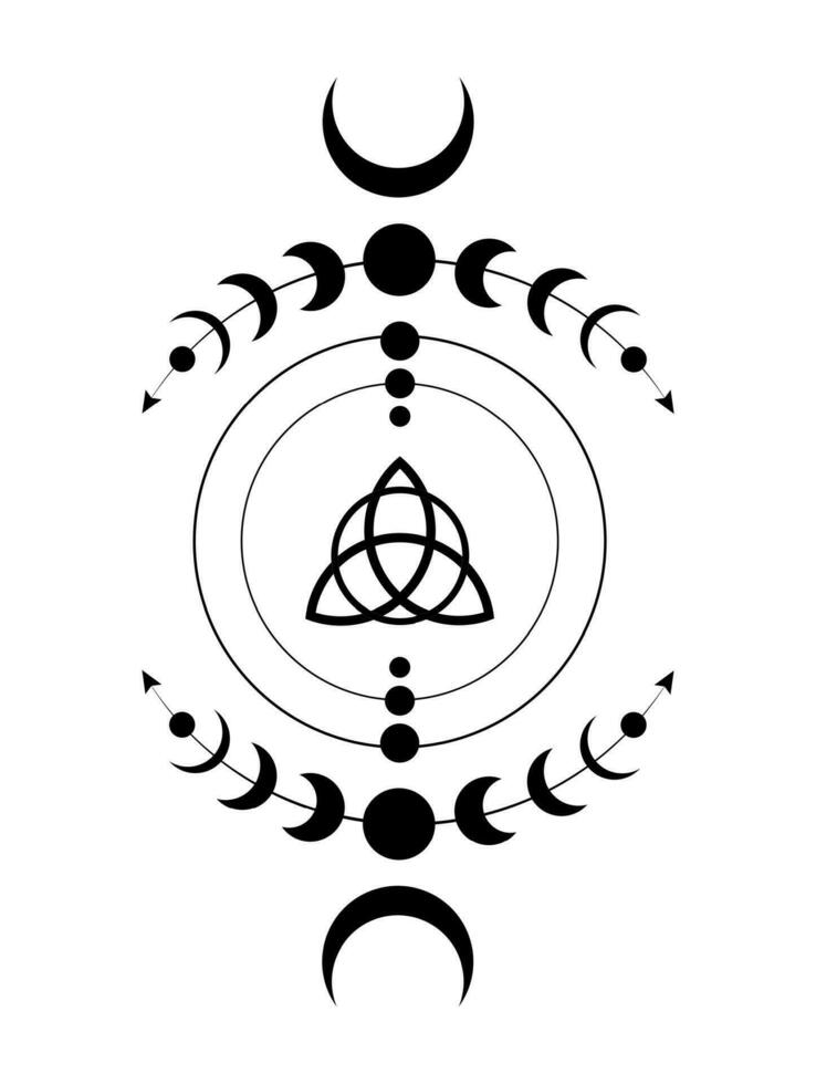 místico Luna etapas wicca marco borde. triquetra sagrado geometría. logo, wiccan triple diosa símbolo, energía círculo, negro tatuaje boho estilo vector aislado en blanco antecedentes