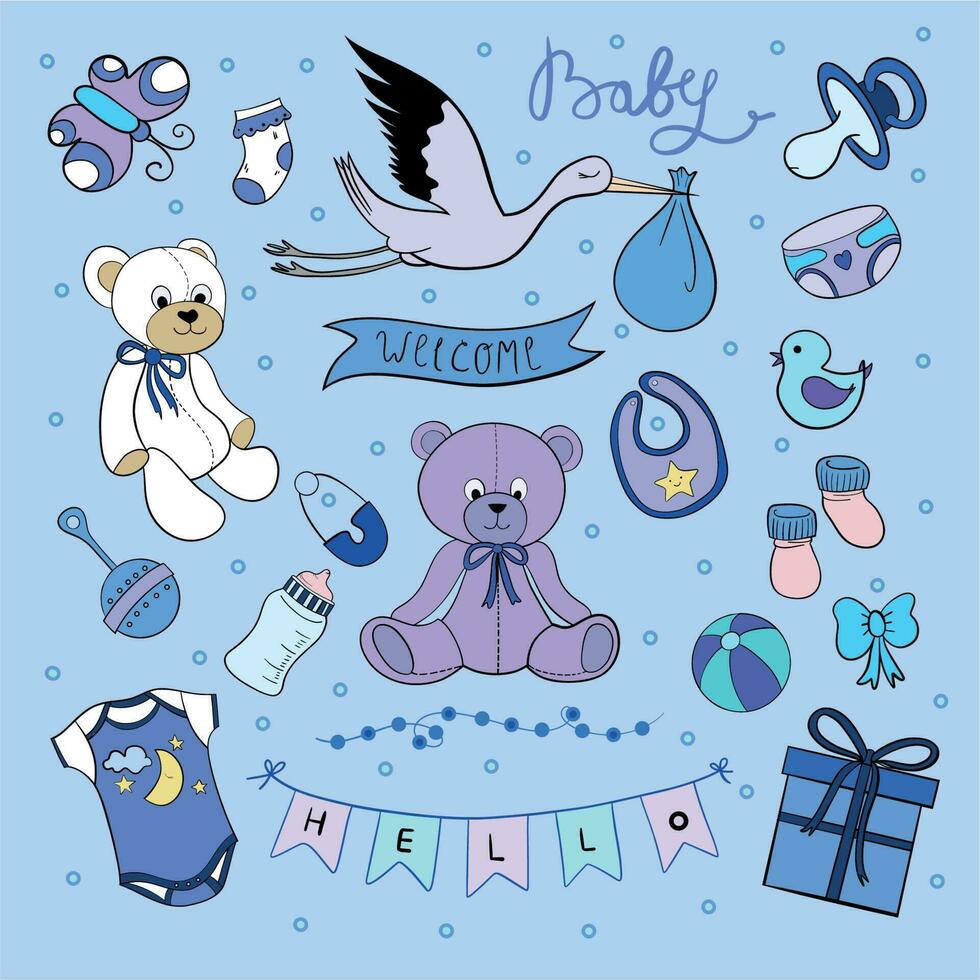 Vector stickers collection for gender party. It's a boy stickerpak. Cards for boy on blue background, gender reveal baby shower