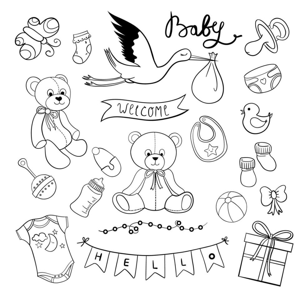 Collection of vector hand drawings for gender party. This is a sticker pack for a girl or a boy. Postcards for a girl or a boy on a white background, the floor reveals a baby shower