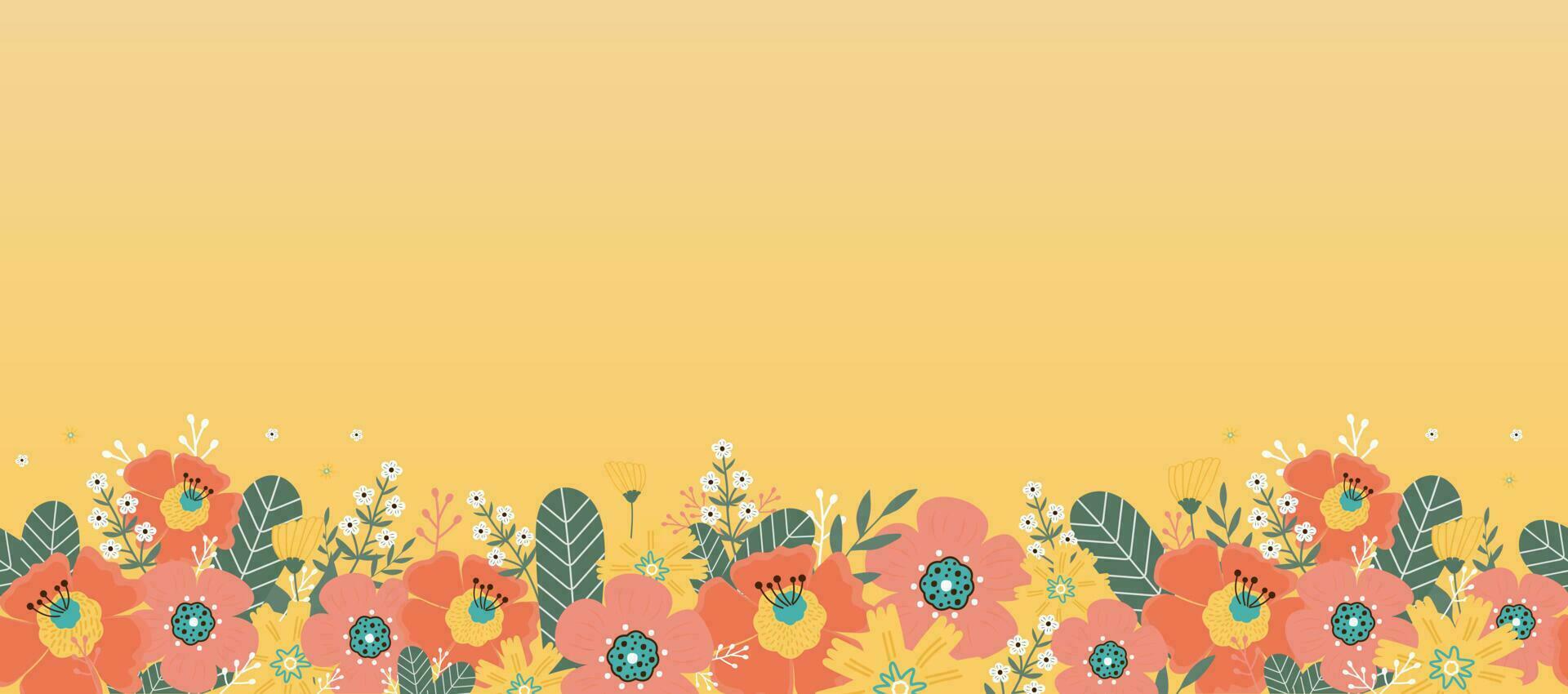 Floral seamless border. Flowers and leaves on yellow background. vector