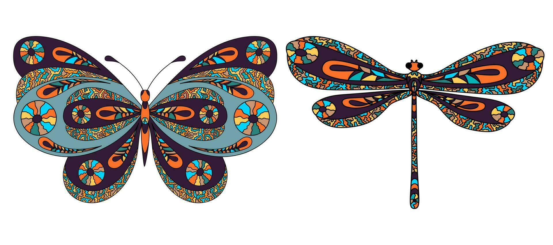 Set Butterfly and Dragonfly. Coloring page for adults anti stress in zentangle style. vector
